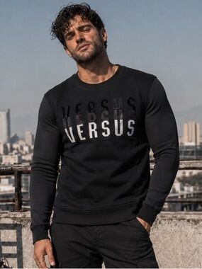 Versus Versace Layered Logo Neoprene Sleeve Sweatshirt Black Size L Slim Fit